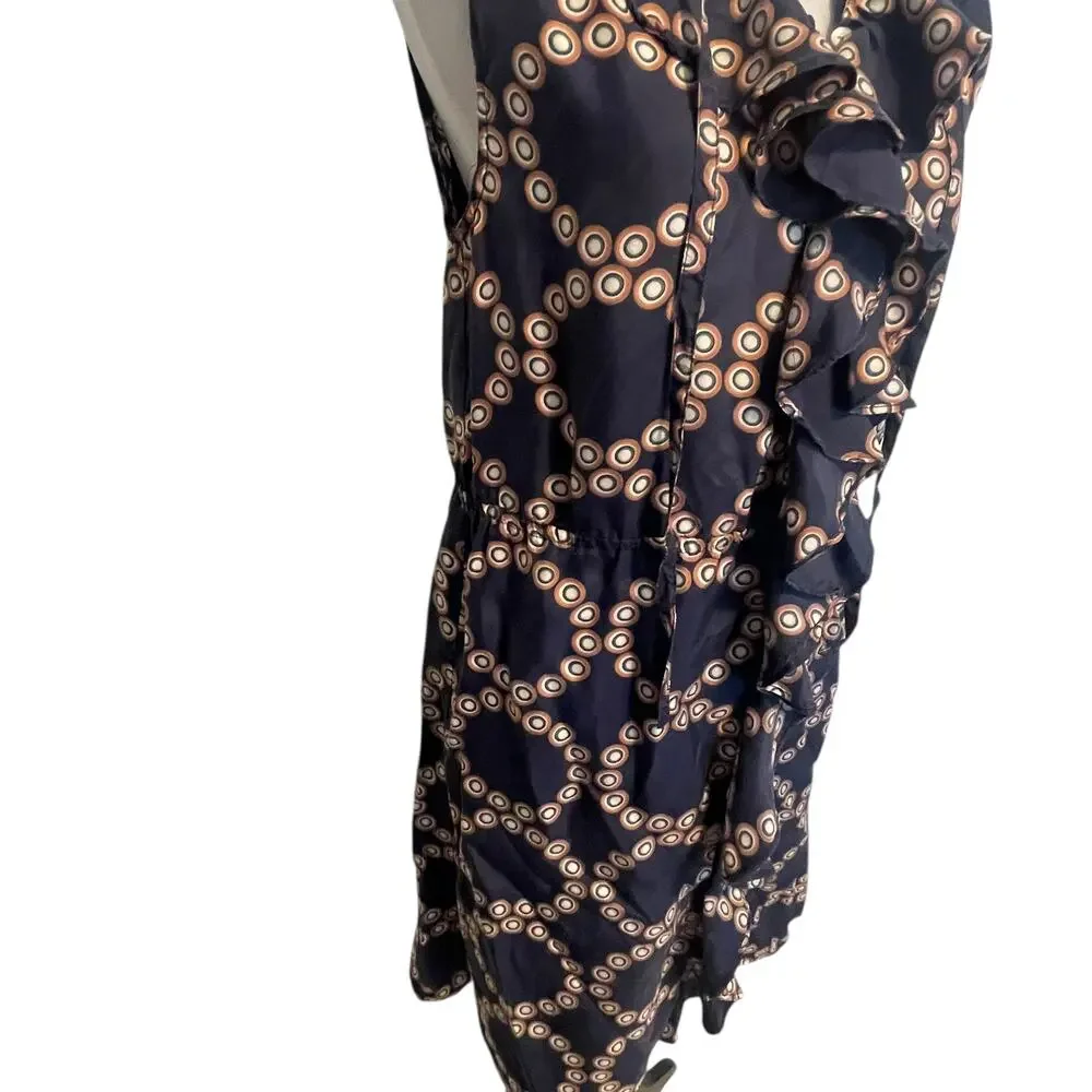 Anthropologie LIL Bullseye Silk Dress Womens Size 4 Blue Geo Print Ruffle Career - Picture 5 of 10